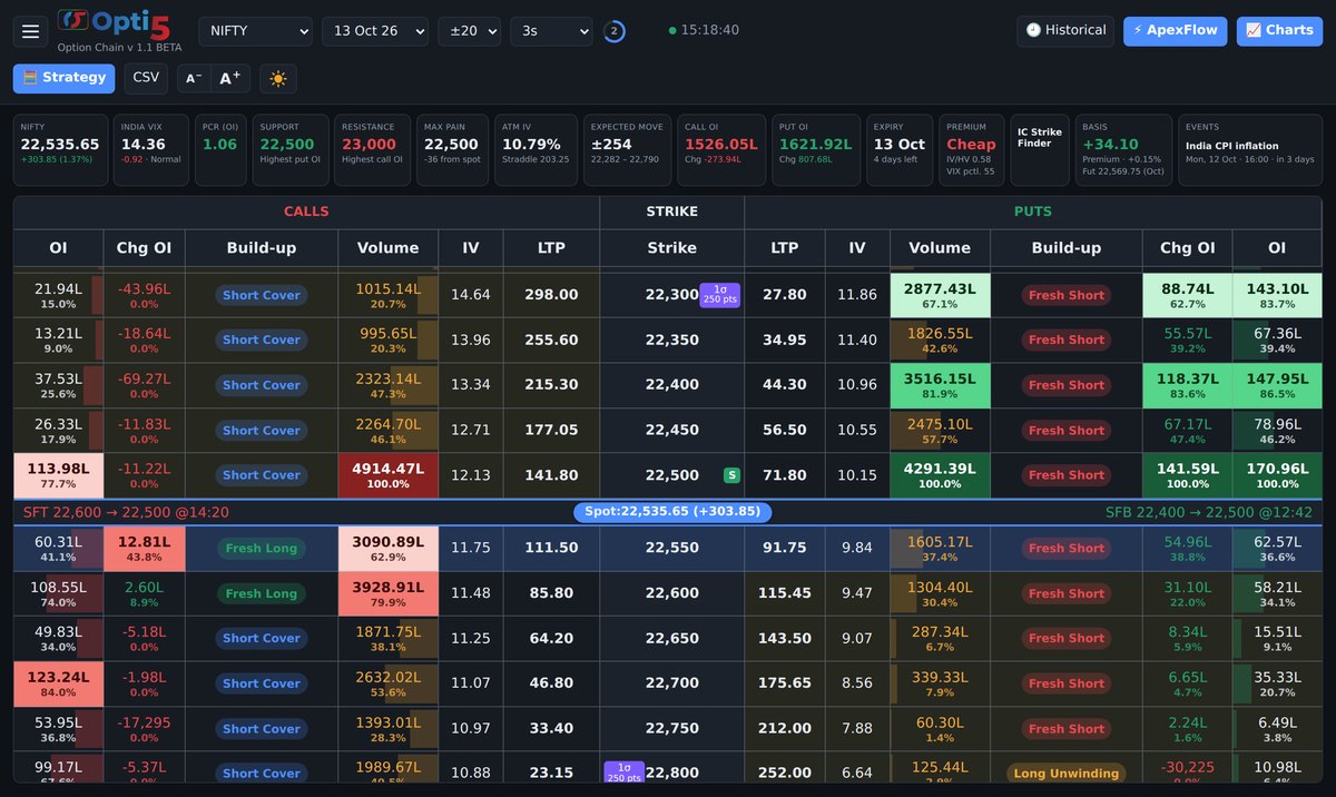 The live option chain with summary tiles
